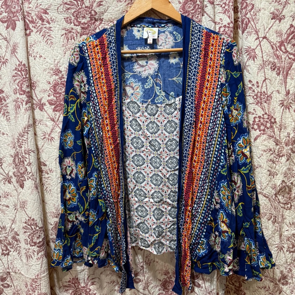 Fig and Flower Boho Floral Open Front Kimono Cardigan Women’s Medium